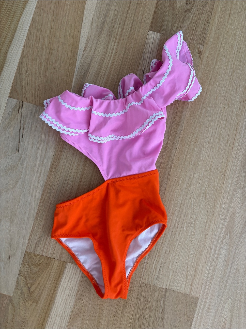 Nessi Byrd “Agnes” One-Shoulder Pink and Orange Ruffle One-Piece Swimsuit